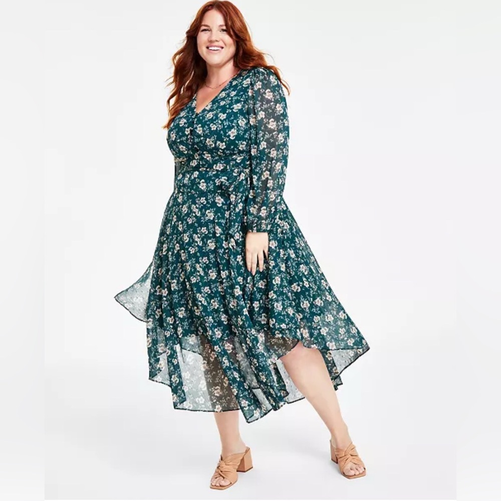 Vince Camuto Deep Forest Floral Long Sleeve Handkerchief Dress 2x